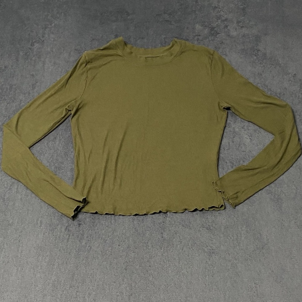 BB Shirt Women S Green Long Sleeve Ribbed Knit High Neck Top 90s Y2K Lettuce Hem